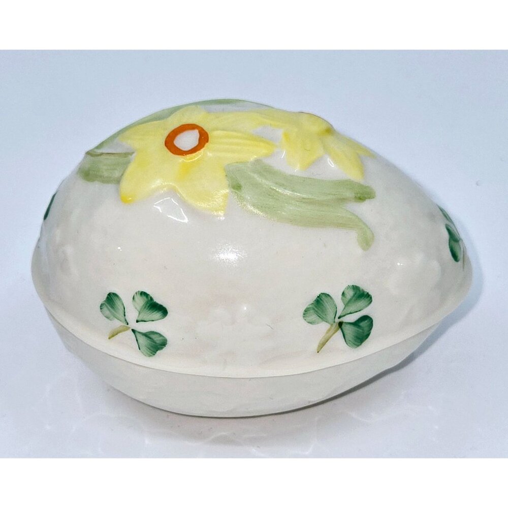 Belleek Hand-Painted Ceramic Egg-Shaped Trinket Box Yellow Daffodils & Clover